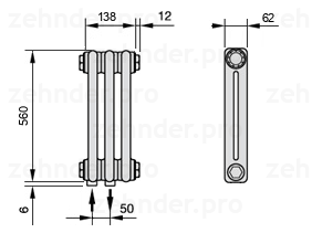 Схема (чертеж) Радиатор Zehnder Charleston 2056/3 №3470 Белый глянцевый RAL 9016
